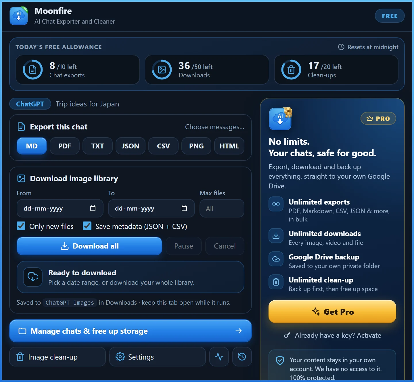 Free plan popup showing today's allowance and export formats