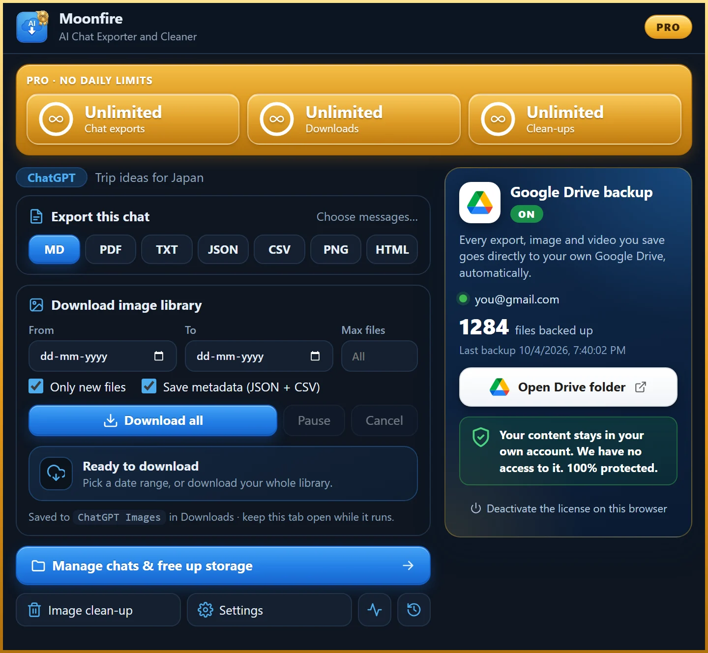 Pro plan popup with unlimited exports and Google Drive backup on